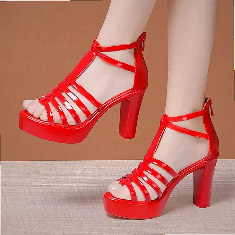 Damensandalen Plateau 10 cm Keilabsatz Rot Elegante Kunstleder 56640