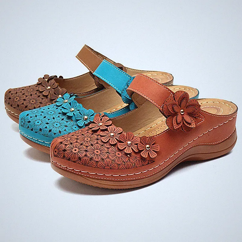 Damensandalen Retro flache runde Zehenpartie Blume Keilabsatz Sandalen Damen