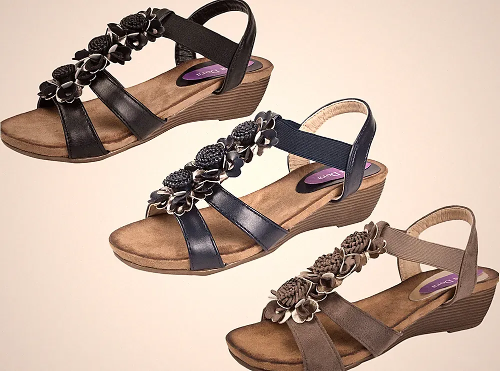 Damenschuhe bequeme Sommer-Sandalen elastische Riemen niedriger Keilabsatz 3D-Blumengröße