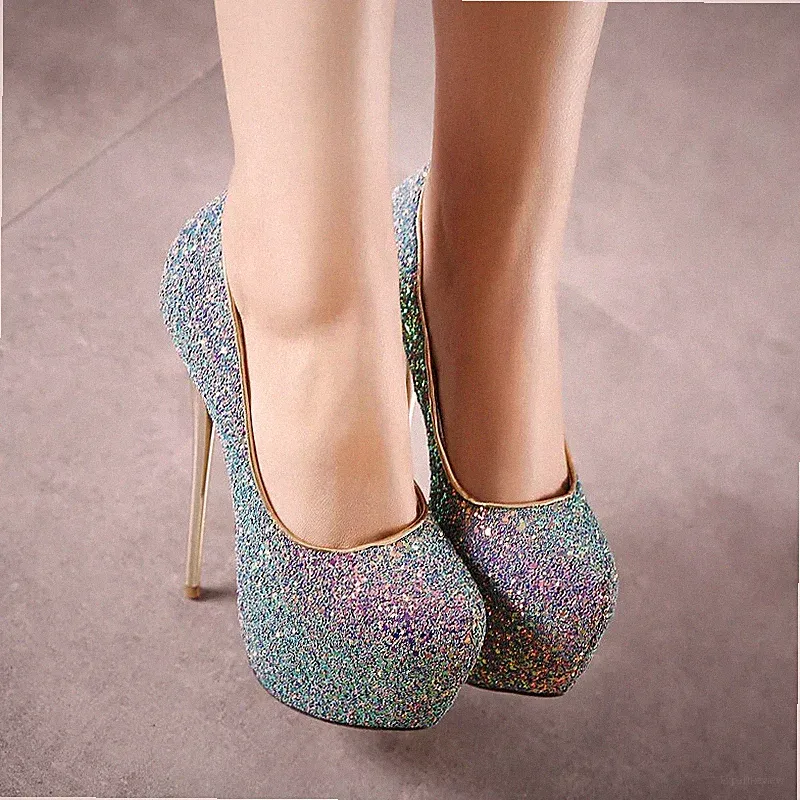 Damenschuhe Blau Plateau 16 cm Strass Tacco Keilabsatz Kunstleder 92683