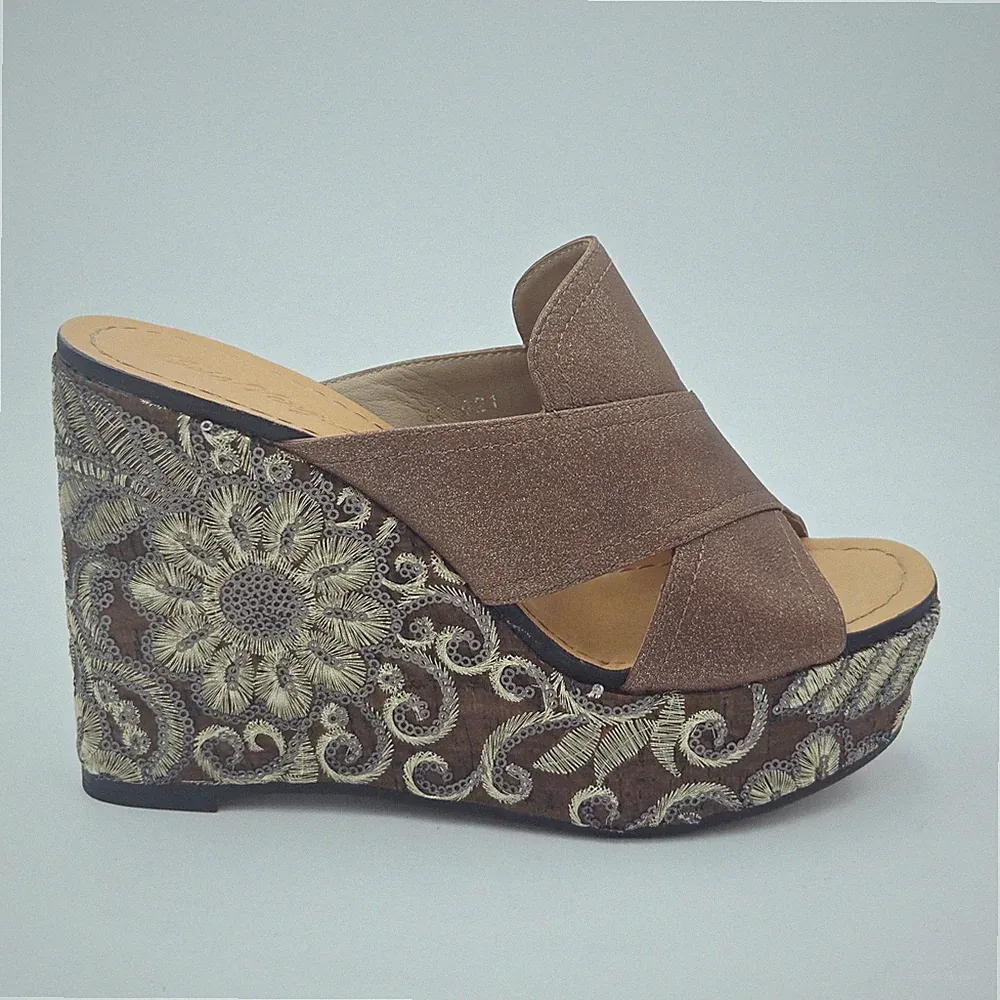 Damenschuhe Cris Vergrè Gr. 40 Sandalen mit Keilabsatz Braun Leder Stoff 308AB