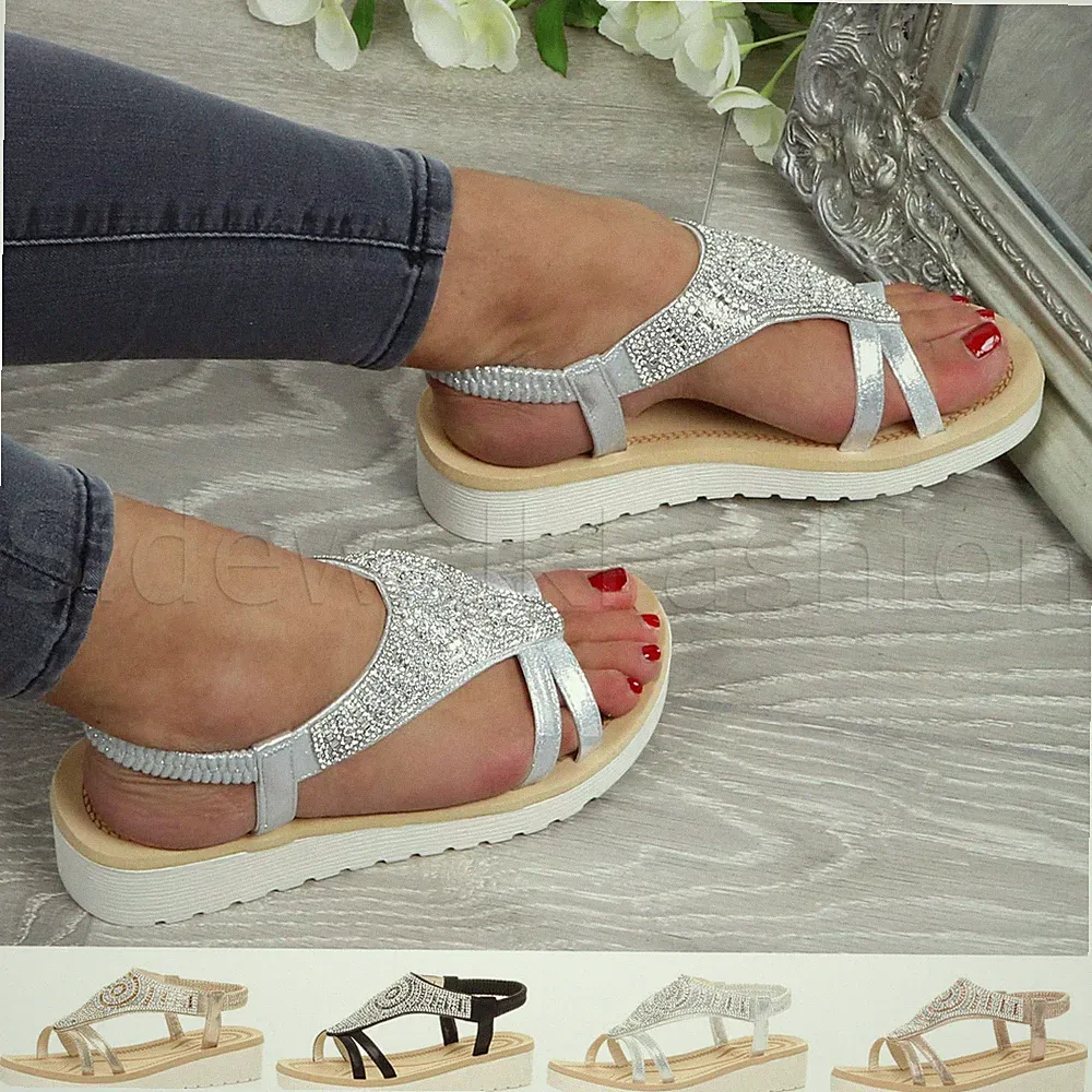 Damenschuhe flache Form niedriger Keilabsatz T-Steg Strass Fersenriemen Sandalen