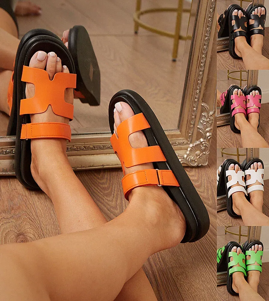 Damenschuhe flache Form Riemchen Schieber Sommer Plateau Mode Sandalen