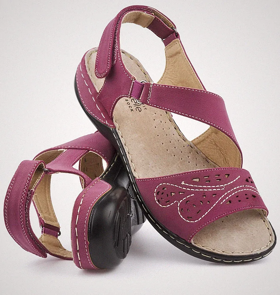 Damenschuhe flache Keilabsatz breite Passform Touch Close Pantoletten rosa Sandalen Größe