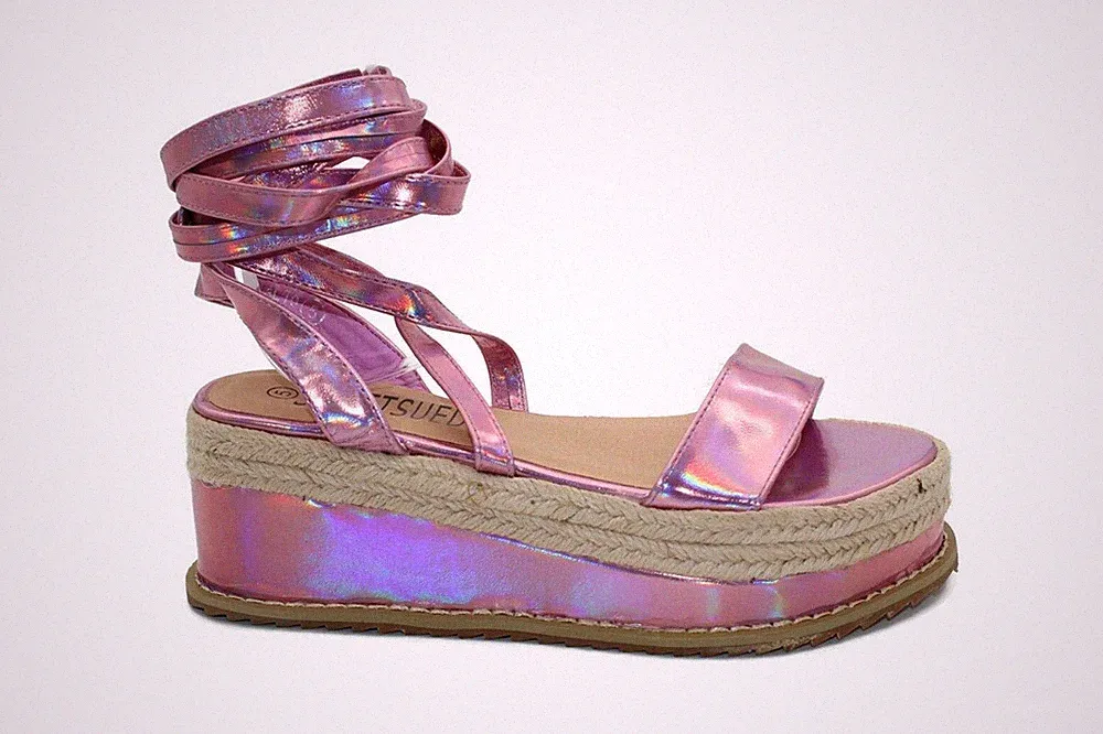 Damenschuhe flache Schnür-Espadrille-Plateausandalen aus Kork mit Keilabsatz