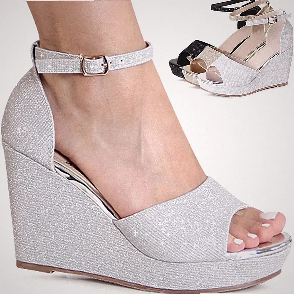 Damenschuhe Glitzer Sandalen Plateau Sandaletten Keilabsatz Pumps