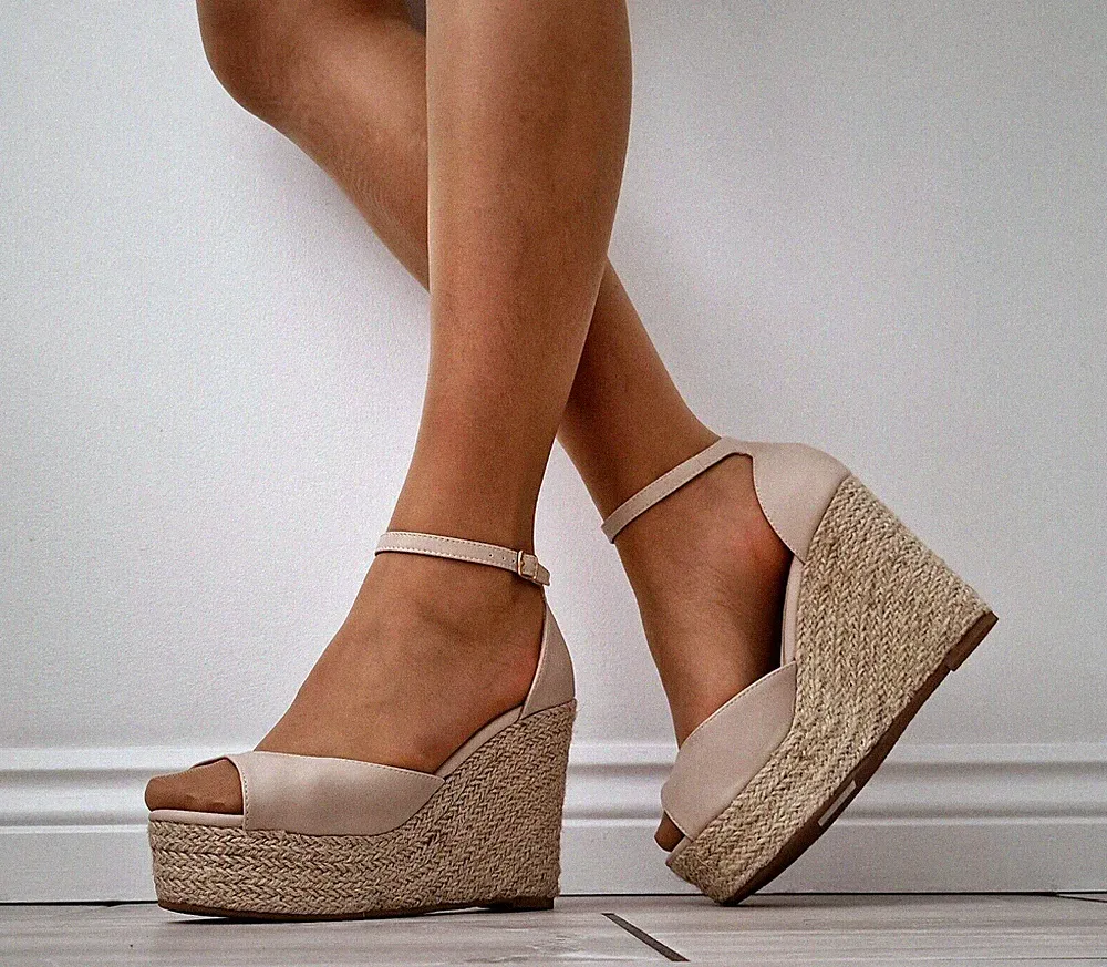 Damenschuhe hautfarben Knöchelriemen hoher Absatz Keilabsatz Espadrilles Plateau Sandalen Größen
