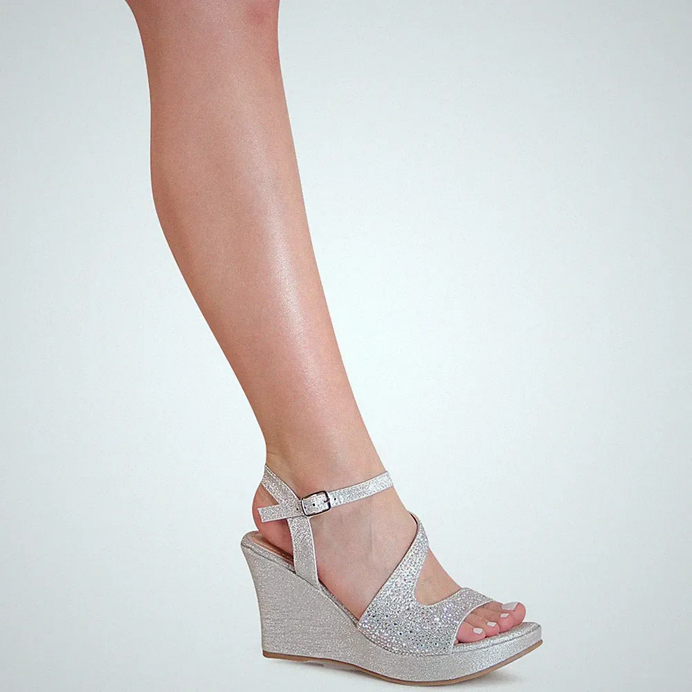 Damenschuhe Keil Sandaletten Glitzer Sandalen Plateau Keilabsatz Pumps