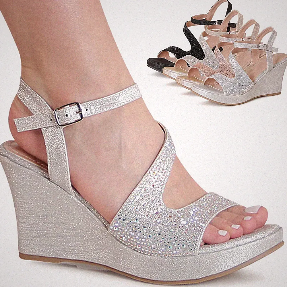 Damenschuhe Keil Sandaletten Glitzer Sandalen Plateau Keilabsatz Pumps