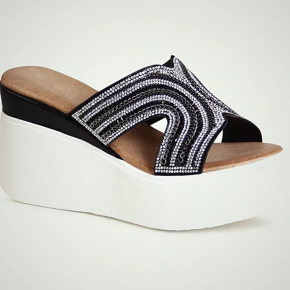 Damenschuhe Keil Sandaletten XXL Plateau Sandalen Glitzer Pantoletten Keilabsatz