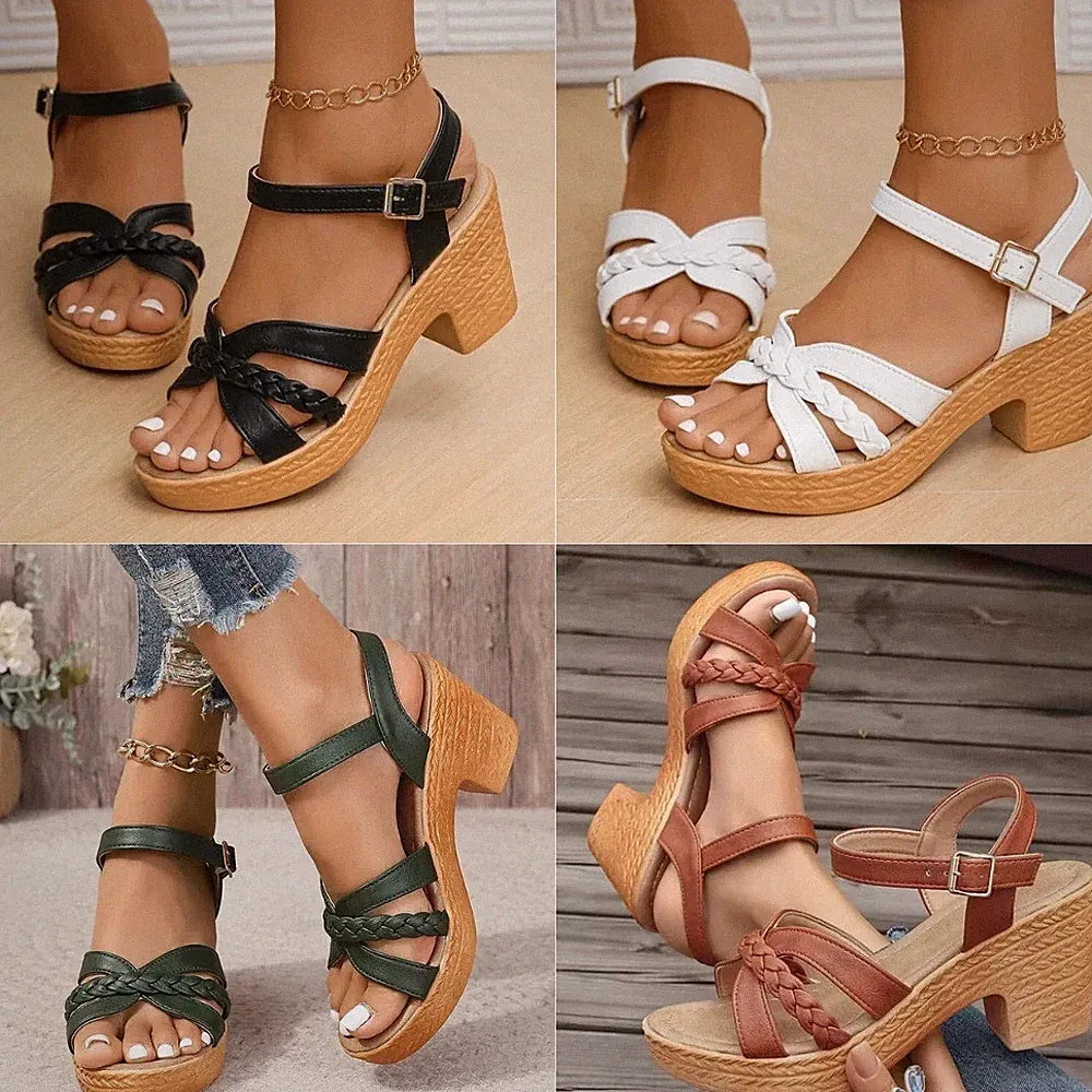 Damenschuhe Keilabsatz Plateau bequeme Knöchelriemen Schnalle UK