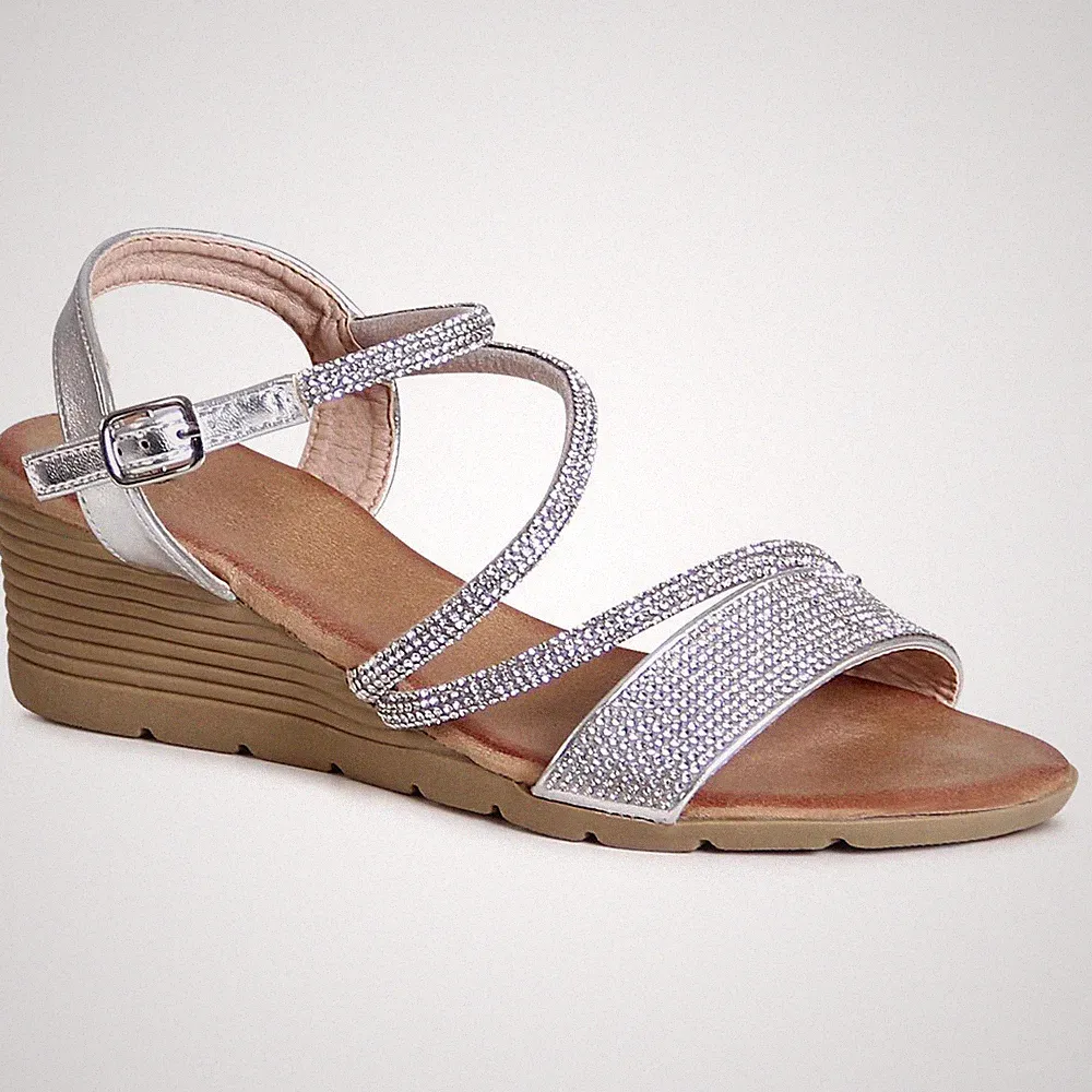 Damenschuhe Keilabsatz Sandalen Glitzer Riemchen Sandaletten Keil Sling Pumps