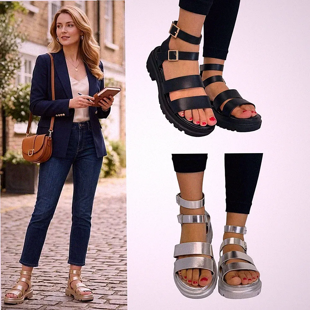 Damenschuhe klobige Gladiator-Sandalen Riemchen Plateau Knöchelriemen Schnalle
