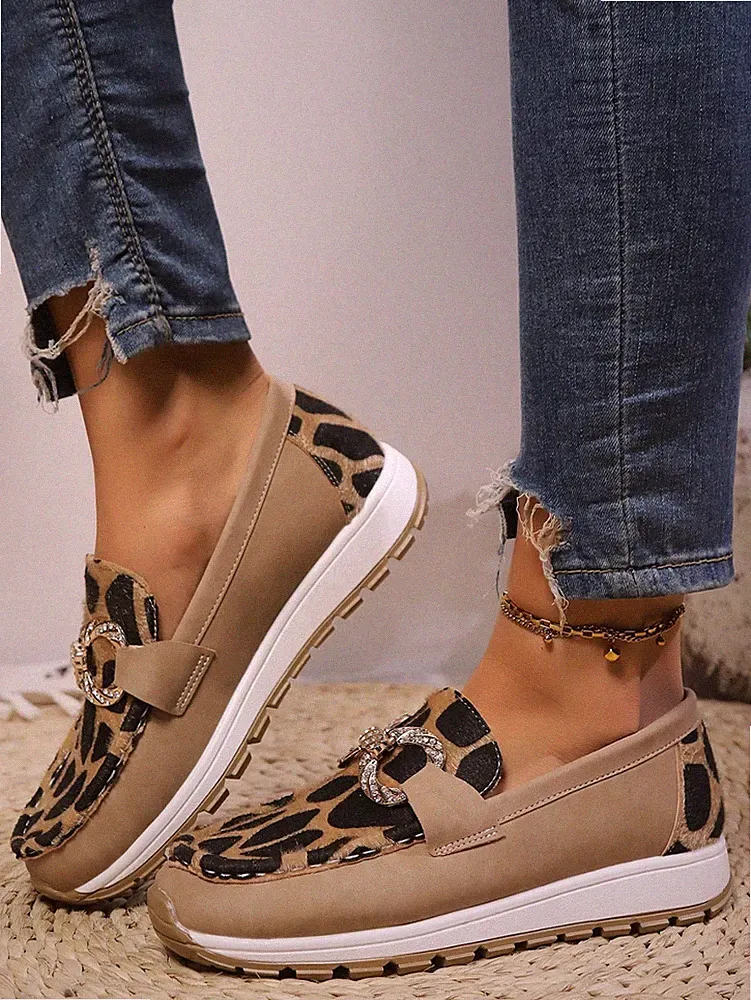 Damenschuhe Leopardenmuster Kette Halbschuhe Plateau Keilabsatz Slipper Freizeit Turnschuhe