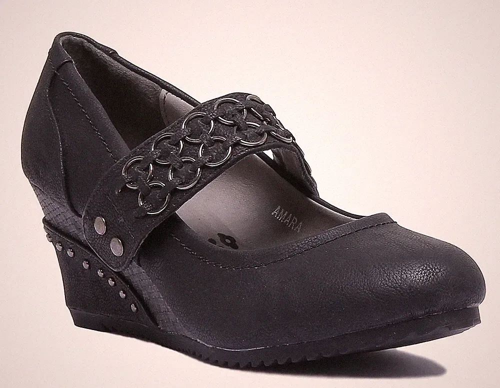 Damenschuhe mit einem Riemen Freizeit Keilabsatz in Schwarz Größe UK 2–8
