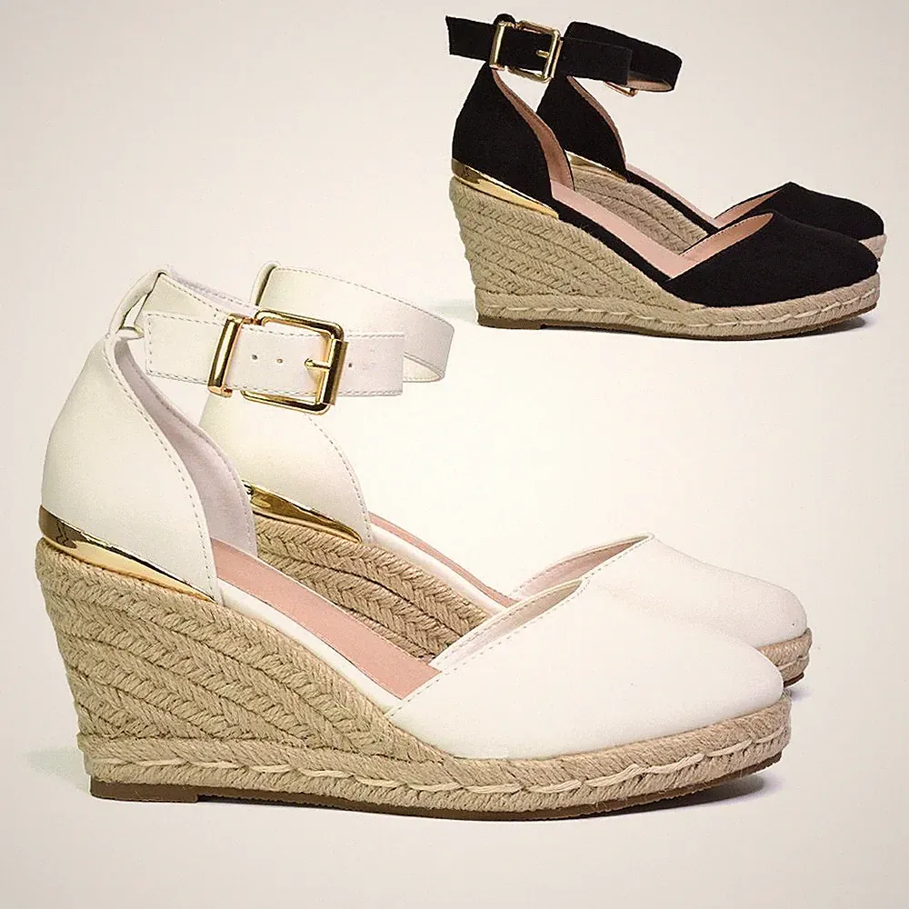 Damenschuhe mittelhoher Keilabsatz Plateau-Sandalen Knöchelriemen Espadrille Größe