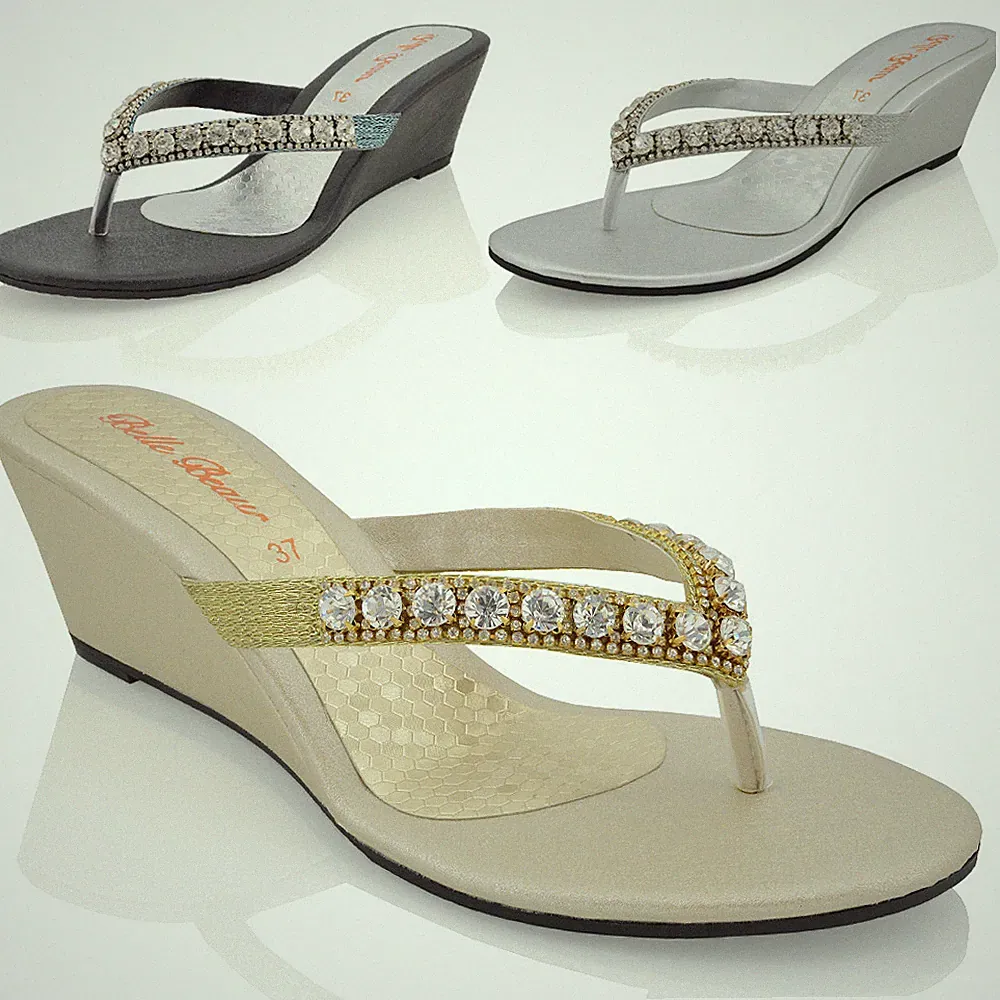 Damenschuhe niedrige Keilabsatz-Sandalen glitzernde Diamanten Urlaub Flip-Flops
