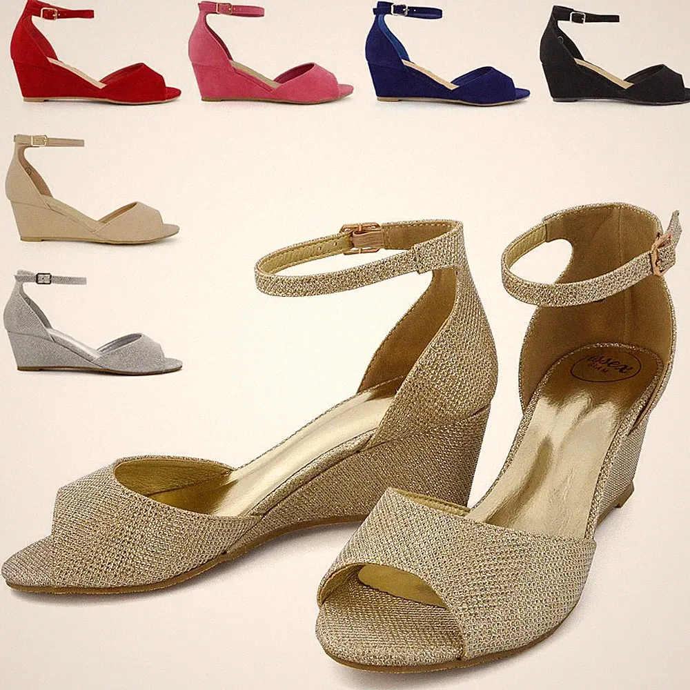 Damenschuhe niedriger Keilabsatz Knöchelriemen zehenfrei Braut Party
