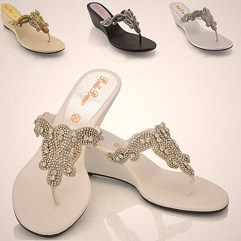 Damenschuhe niedriger Keilabsatz Zehensteg Strass glitzernde Urlaubsschuhe 3–9