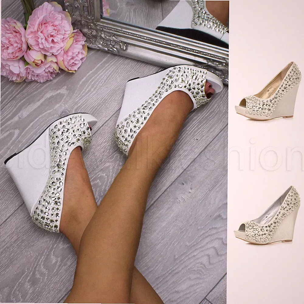Damenschuhe Plateau hoher Keilabsatz Hochzeit Abschlussball Braut Party Schmuckstück Größe