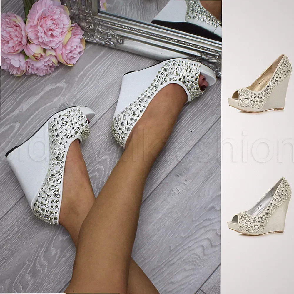 Damenschuhe Plateau hoher Keilabsatz Hochzeit Abschlussball Braut Party Schmuckstück Größe
