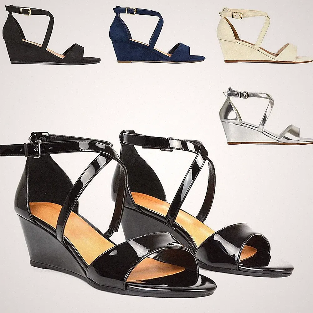 Damenschuhe Riemchen Keilabsatz Knöchelriemen Braut Party Abend UK 3–8