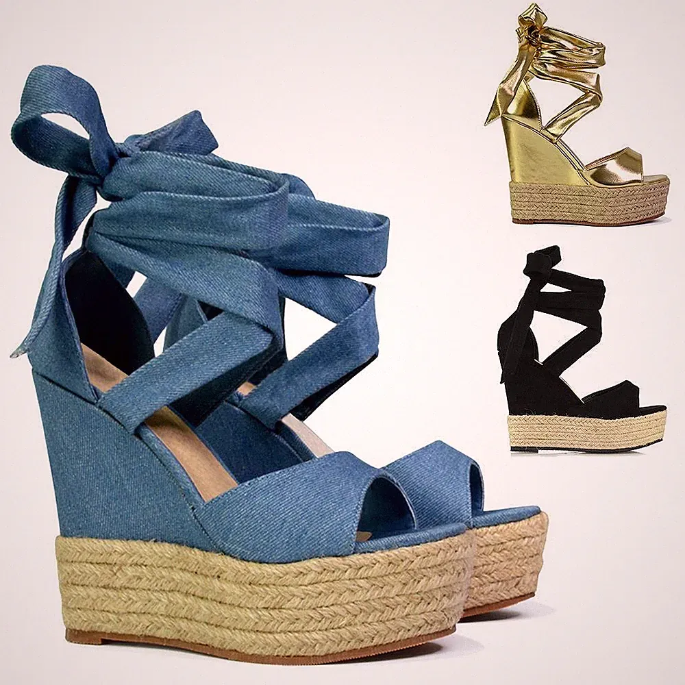 Damenschuhe Schnür-Keilsandalen hoher Absatz Plateau Riemchen Peeptoe 3-8