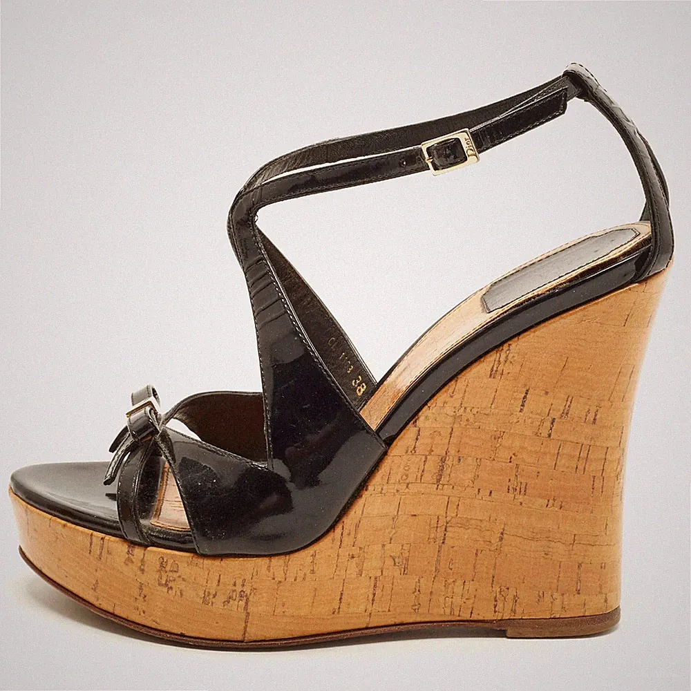 Dior Dior Starlet Gr. 38 Schwarz Lackleder Kork Keilabsatz Sandalen