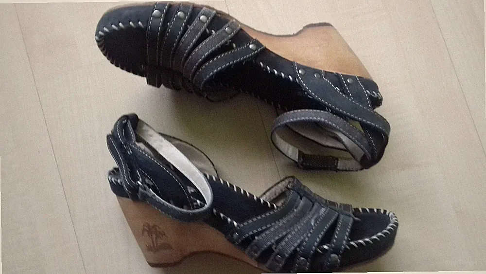 DOCKERS Leder-Holz-Riemchen-Pumps-Keil-Absatz-Sandalen-Leather-Heels-Shoes 38 nw