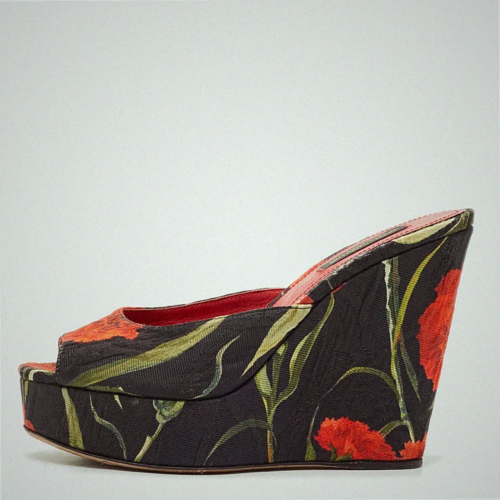 Dolce Gabbana Multicolor Stoff Blumendruck Keilabsatz Plateau Pantoletten San...