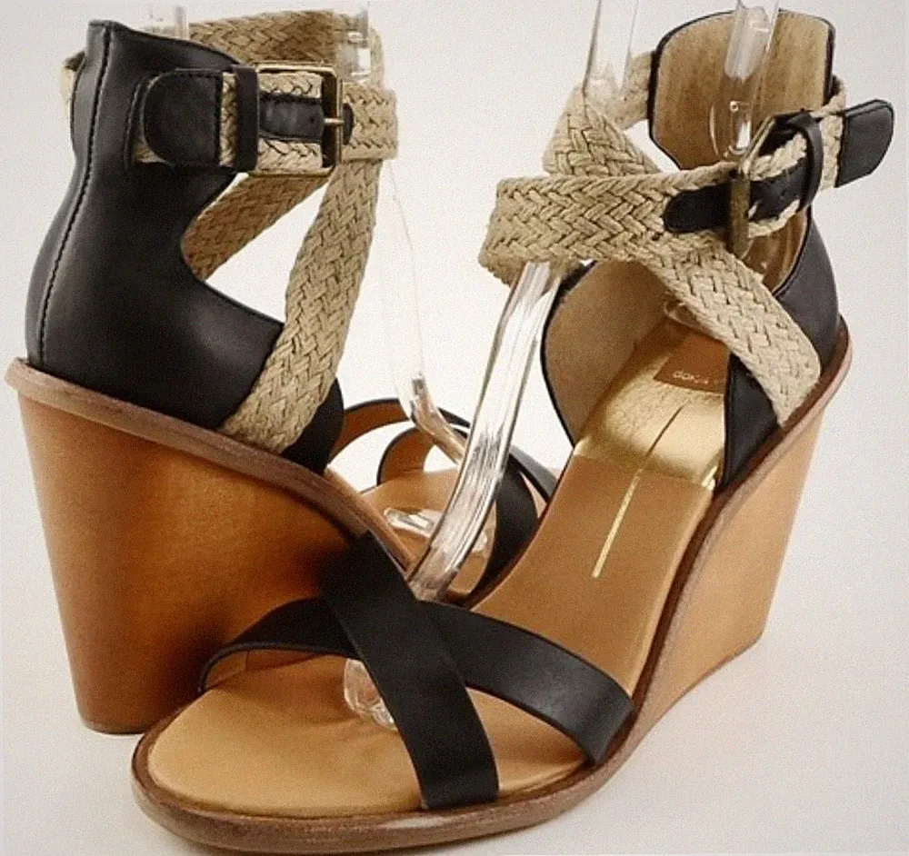 Dolce Vita Schwarz Leder Leinen Gewebt Designer über Kreuz Keil Sandalen 9.5