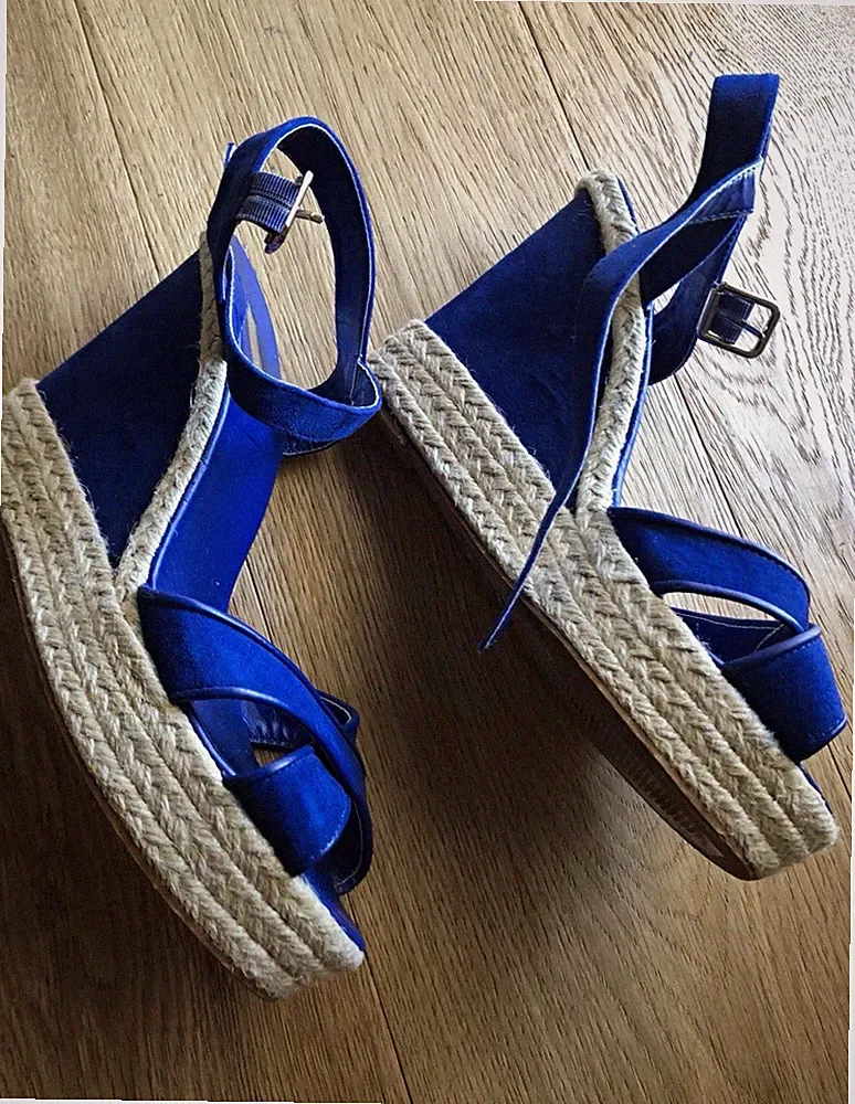 Dorothy Perkins Damen Riemchensandalen Blau Keilabsatz hoch geflochten Schnalle