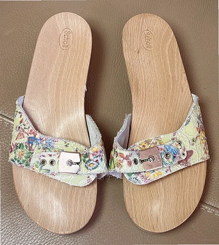 Dr. SCHOLL Wooden Exercise Floral Print Sandals Size UK 4 EU 37 Brand New