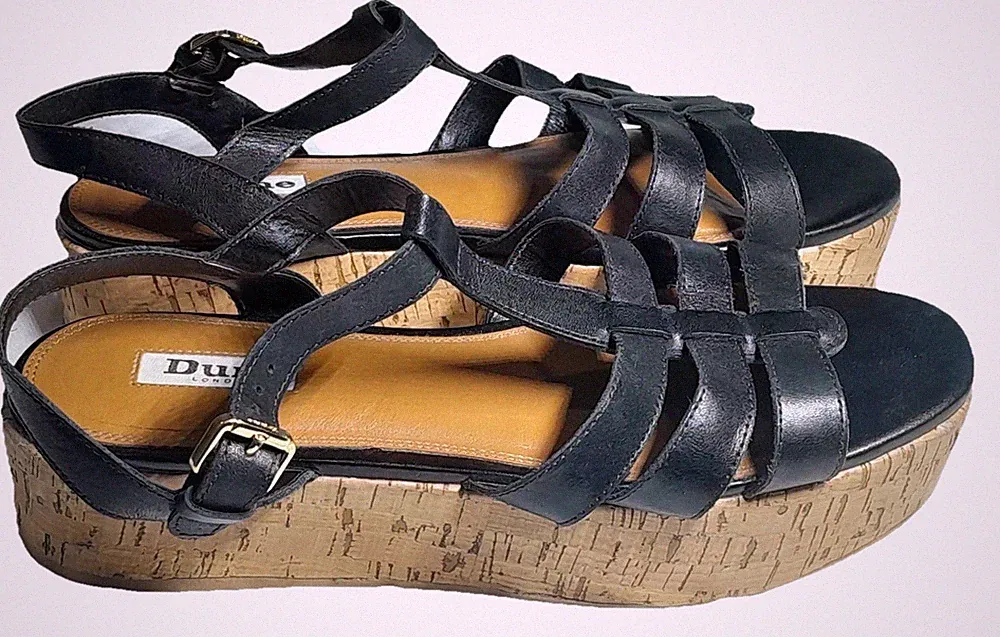 Dune London schwarze Leder Fischer Plateau Sandalen Größe EU 39