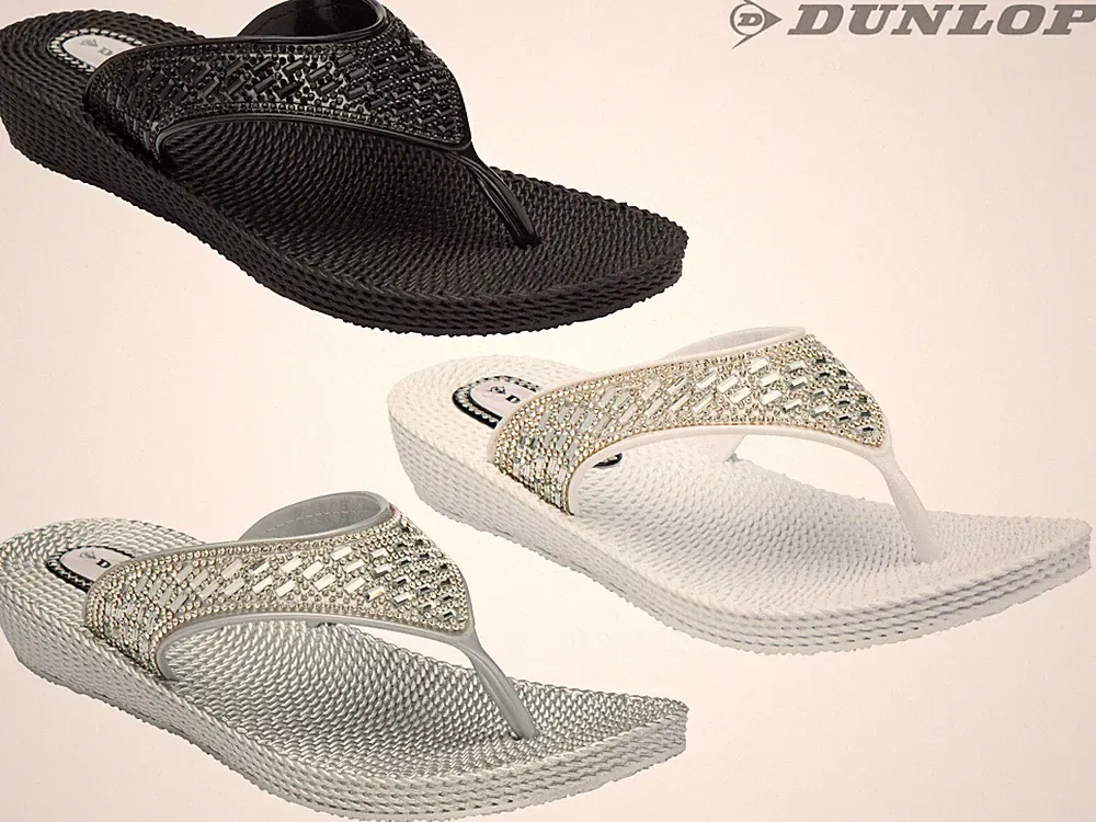 Dunlop Damen Sommer Sandalen bequem niedriger Keilabsatz Diamanten Anlass Flip Flops