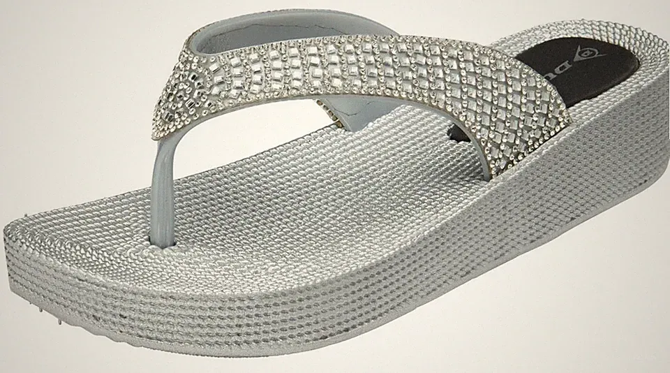 Dunlop Damen Sommer Sandalen Flip Flops niedriger Keilabsatz bequeme Zehensteg Strand Hausschuhe