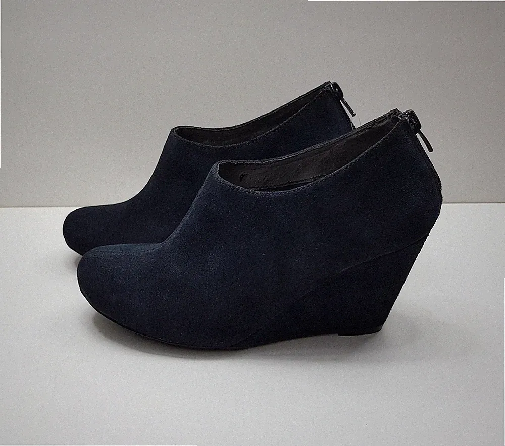DUNNES DAMEN GRÖSSE 3 UK EUR 36 BLAU VELOURSLEDER HOHER KEILABSATZ STIEFELETTEN SCHUHE REISSVERSCHLUSS