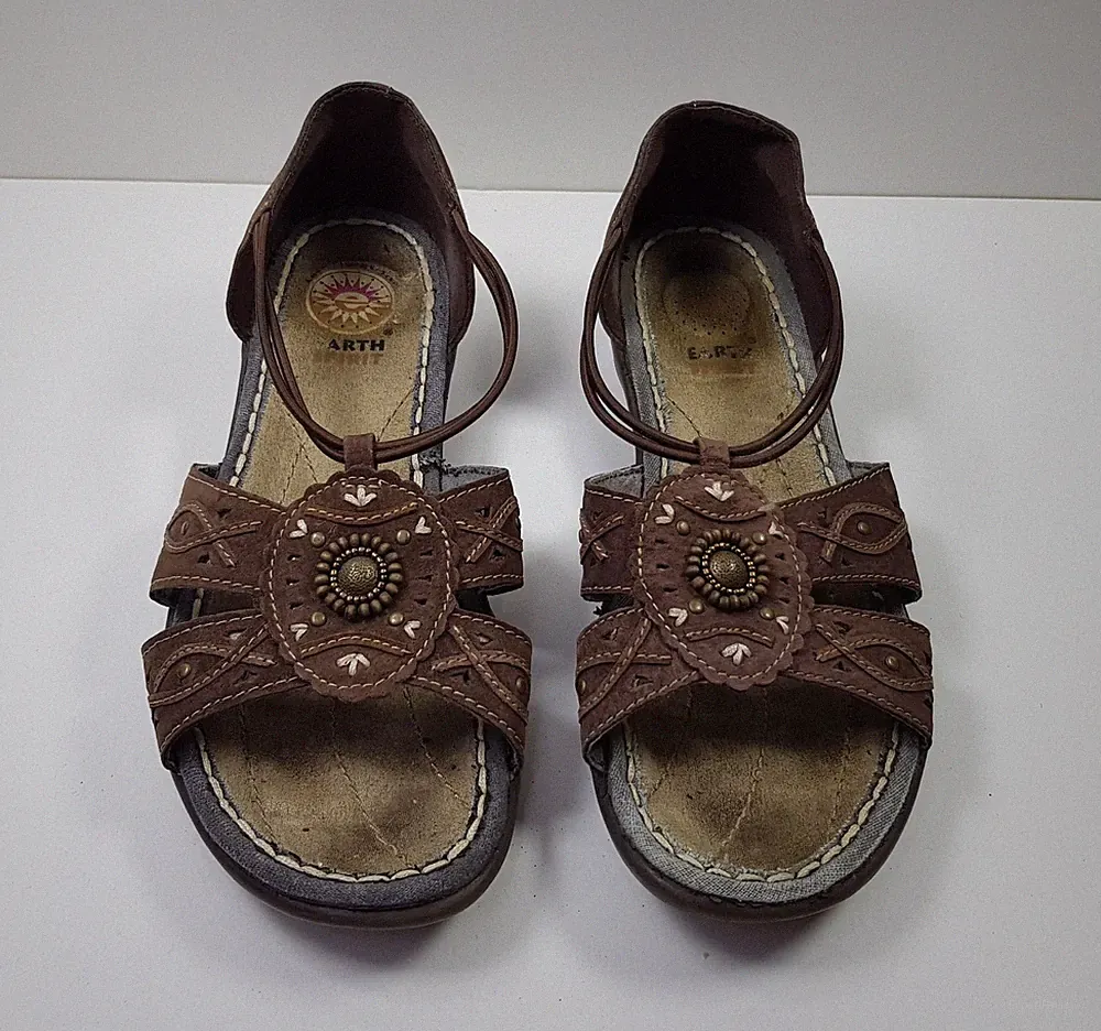 Earth Spirit DAMEN 5UK EU38 BRAUN VELOURSLEDER KEILABSATZ SANDALETTEN SCHUHE *LESEN*