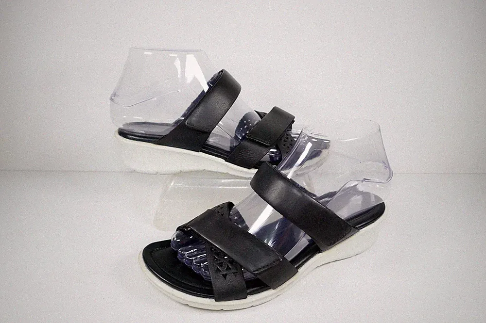 ECCO SCHWARZ LEDER/LEDER GEFÜTTERT KREUZRIEMEN RIPTAPE PANTOLETTE/PANTOLETTE SANDALEN UK 4,5
