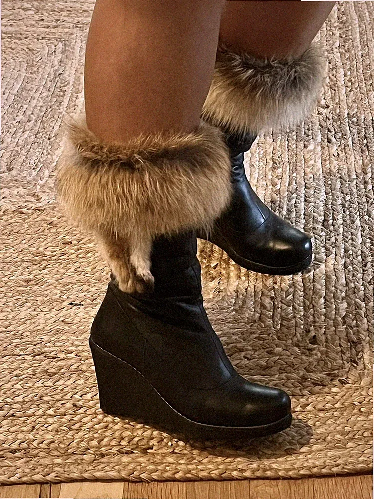 Echtpelz Stiefel Fell Keilabsatz Leder Stiefelette Echtleder 36 schwarz Boots