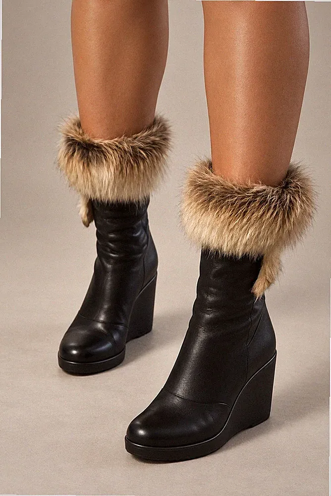 Echtpelz Stiefel Fell Keilabsatz Leder Stiefelette Echtleder 36 schwarz Boots