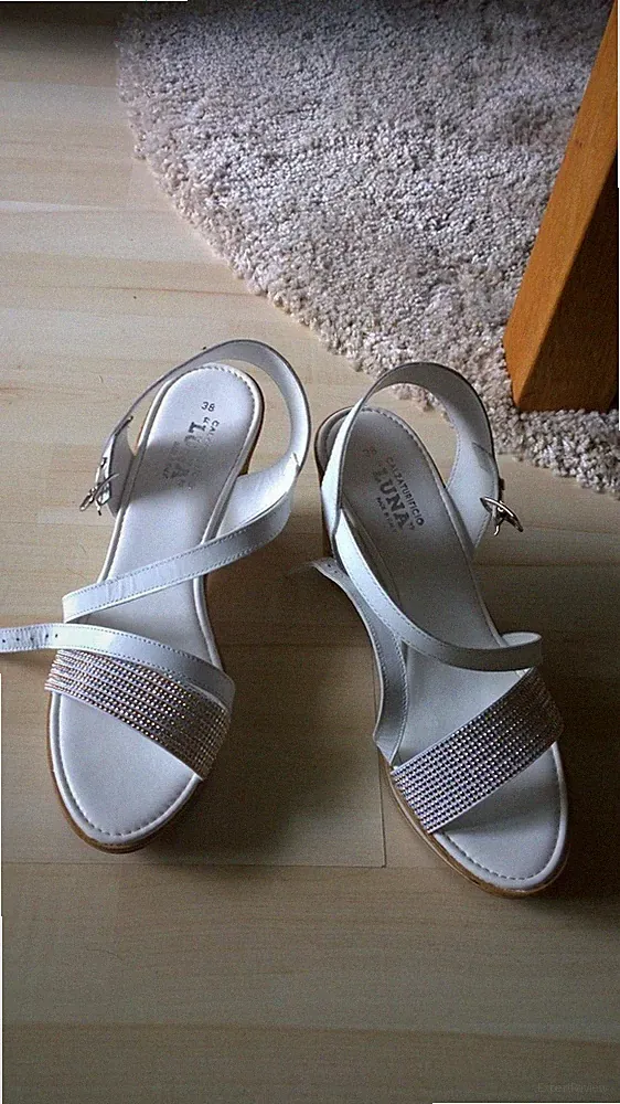 edle KEILSANDALETTEN PLATEAU SANDALE SOMMERSCHUHE Damen 38 weiß Glitzersteine