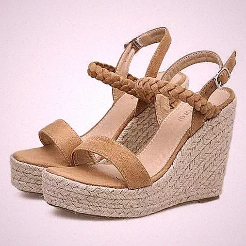 Elegante bequeme Keilabsatz Sandalen 11 cm beige Kordel Kunstleder 9674