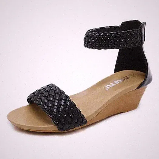 elegante bequeme Low Heel Sandalen Keilabsatz 4,5 cm Kunstleder schwarz 1057