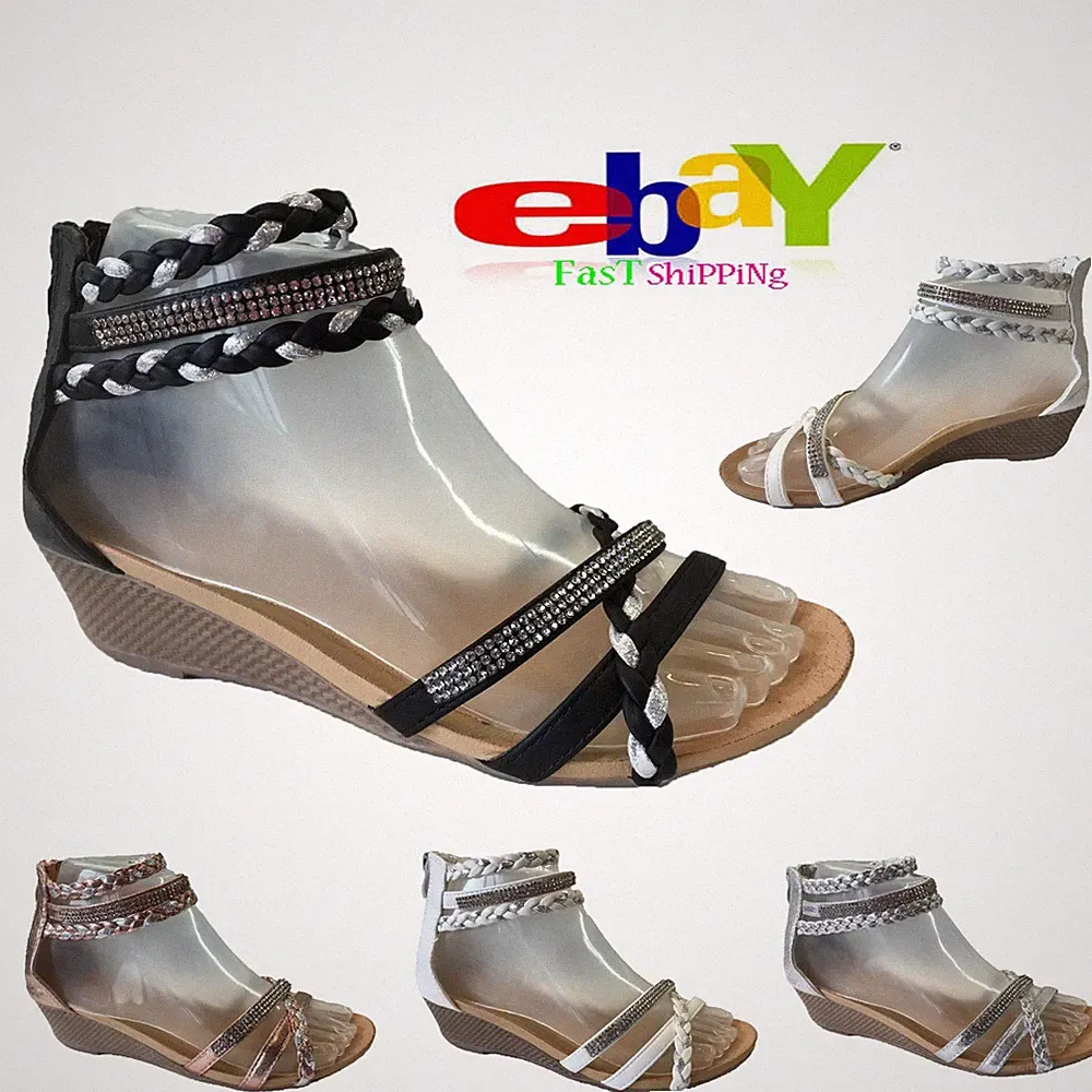 Elegante Damenschuhe mit Diamanten und Riemchen Party Abend Keilabsatz UK