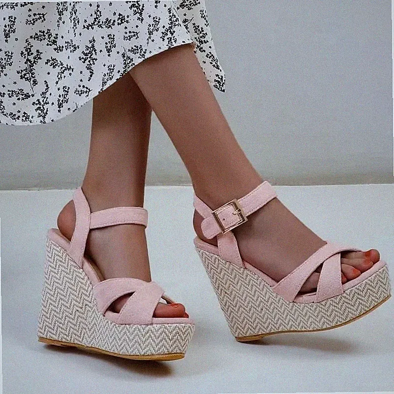 Elegante Riemchen High Heel 12,5 cm CF9X2B Keilabsatz Sandalen Puderrosa
