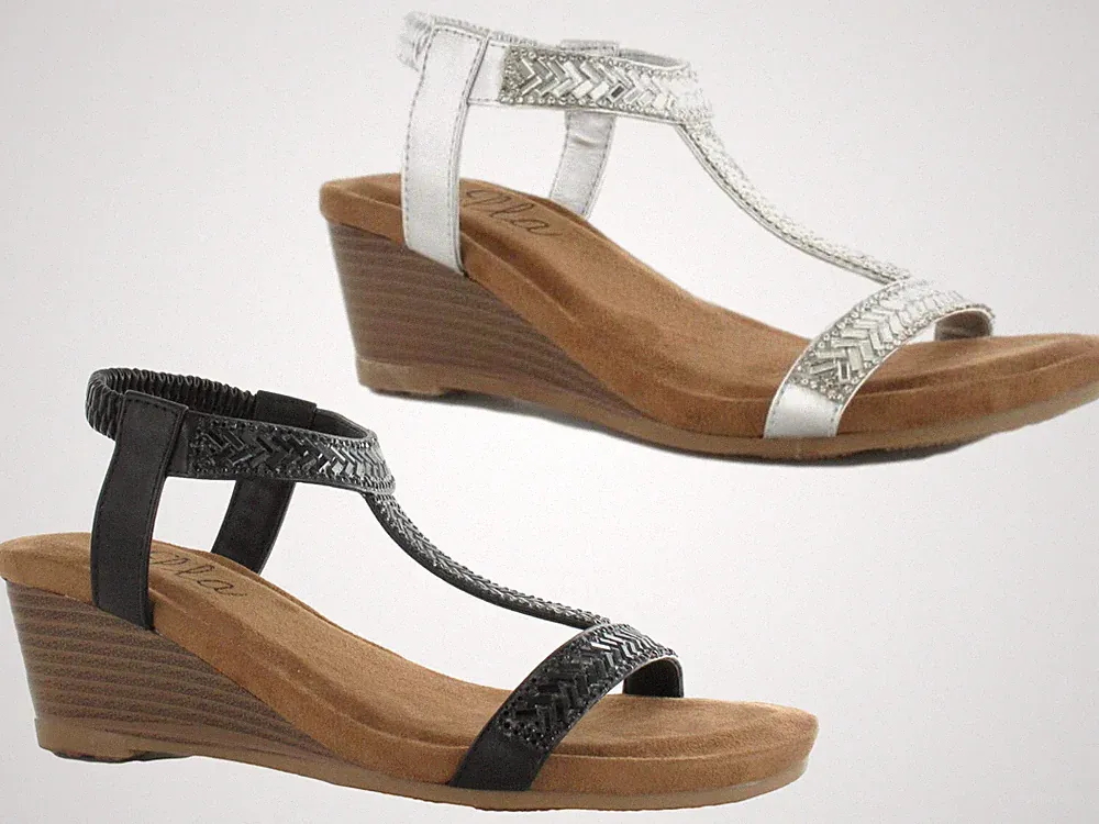 Ella Damen Keilsandalen Urlaub glitzernd Sommer verziert Abendschuhe