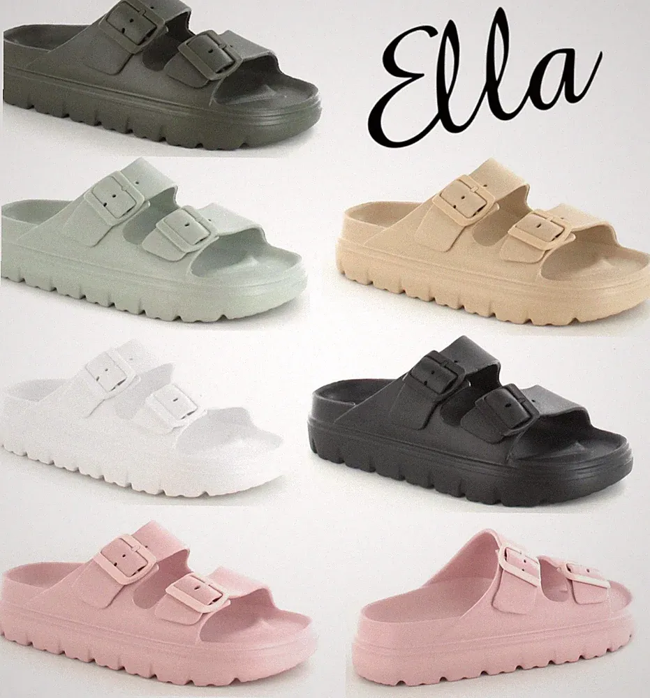 ELLA SOPHIA DAMEN PLATEAU SLIDER NEU DOPPELSCHNALLE PANTOLETTE SANDALEN VEGAN STRAND