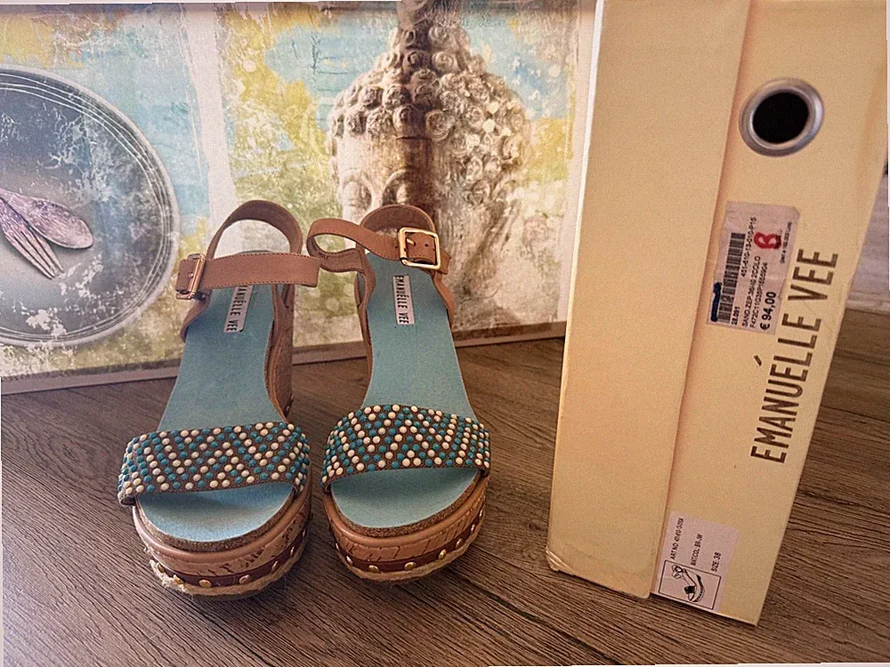 Emanuèlle Vee BRANDNEUE DAMEN SANDALE MIT HOHEM KEILABSATZ TÜRKIS 38