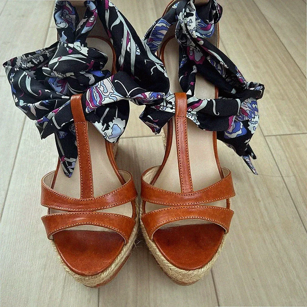 Emilio Pucci Seide Espadrille Keilabsatz Sandalen Muster Braun Größe 36